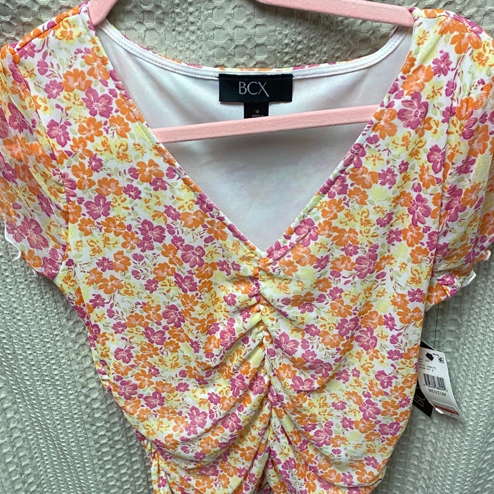 BCX Pink, Orange and Yellow Floral Ruched V-Neck Crop Top
